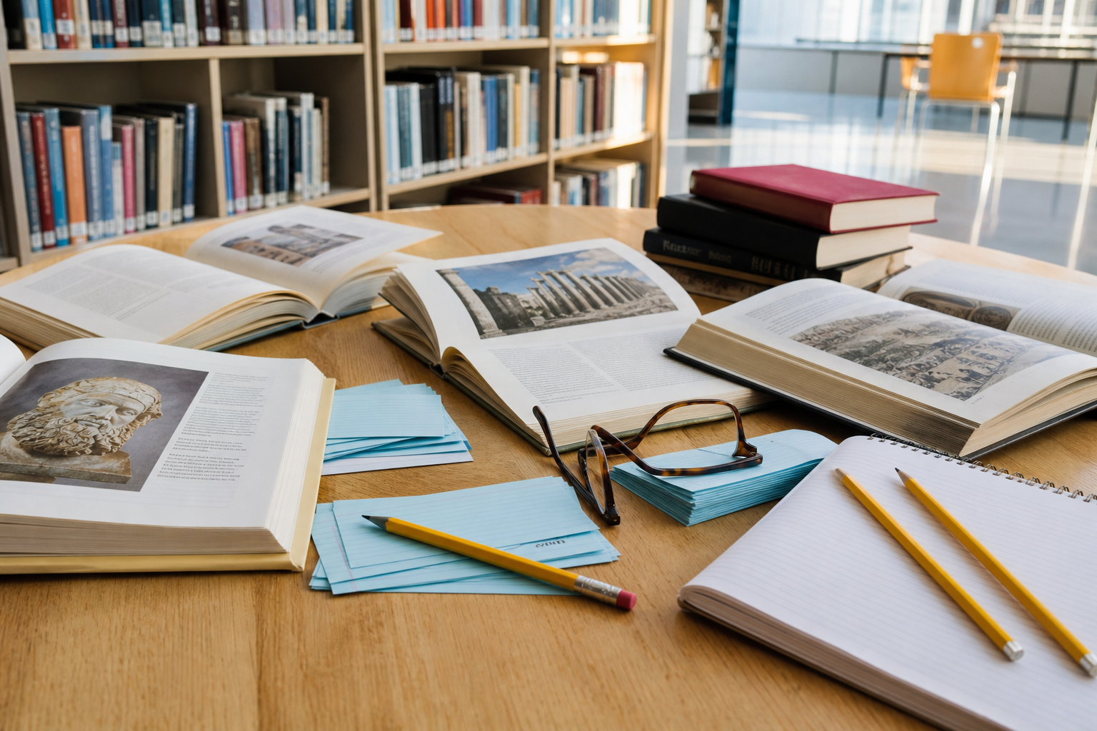 Open boeken, notitiekaarten, brillen en potloden op een tafel in een bibliotheek