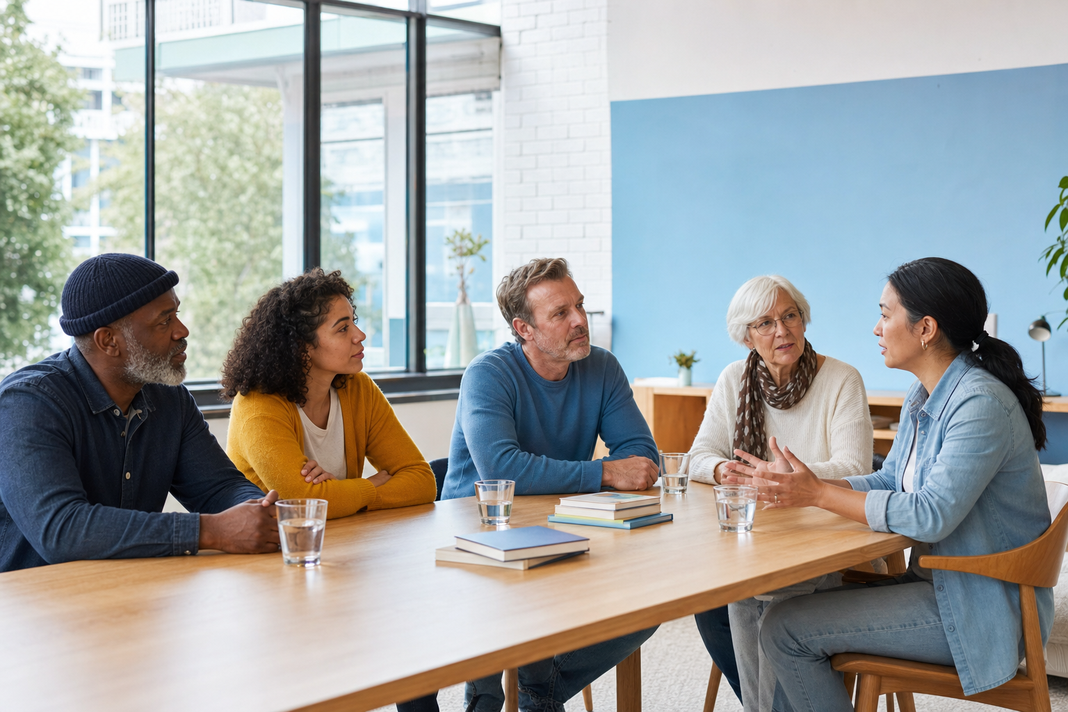 Vijf volwassenen luisteren naar elkaar tijdens een gesprek aan een lange tafel